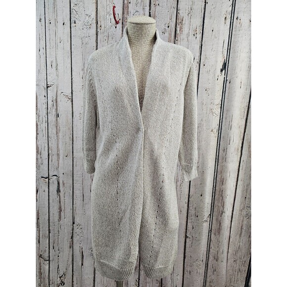 LM Women's M Magaschoni Knit Duster Length Button Front Cardigan Sweater Sparkly - Picture 2 of 10